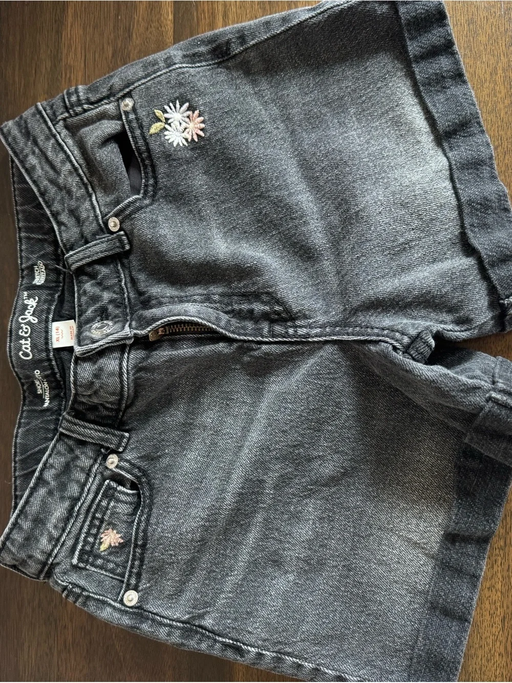Cat & Jack Black Washed Denim Shorts with Floral Embroidery